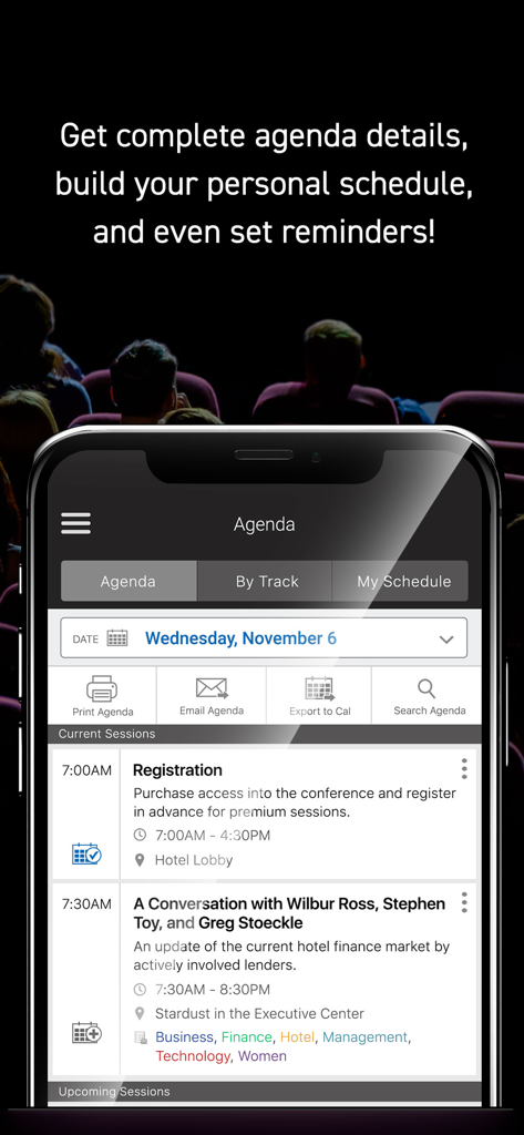 Jujama Connect - Jujama Connect app showing a detailed event agenda and personal scheduling interface on a smartphone screen