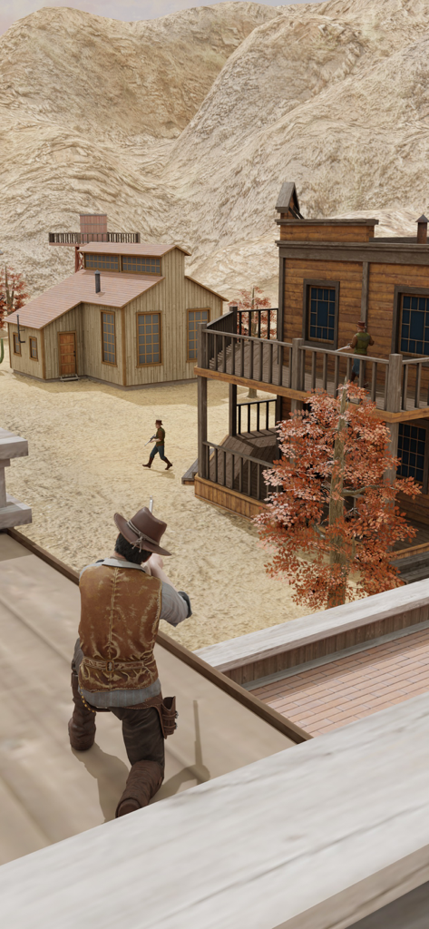 Wild West Sniper: Cowboy War - Ein Cowboy-Scharfschütze zielt mit einem Gewehr von einem Dach mit Blick auf eine Wüstenstadt.