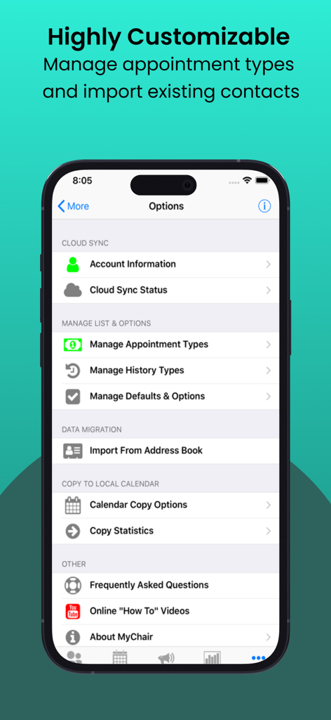 Salon Booking Appointments - Menu opzioni dell'app MySalon che mostra la gestione degli appuntamenti e le funzionalità di migrazione dei dati