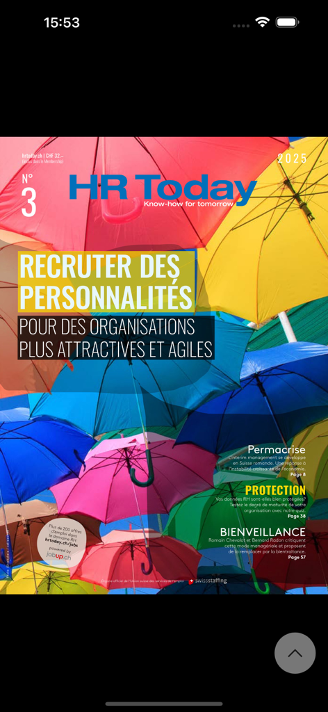HR Today Magazin - Das digitale Cover des HR Today Magazins mit bunten Regenschirmen und französischem Text über die Rekrutierung von Persönlichkeiten für agile Organisationen