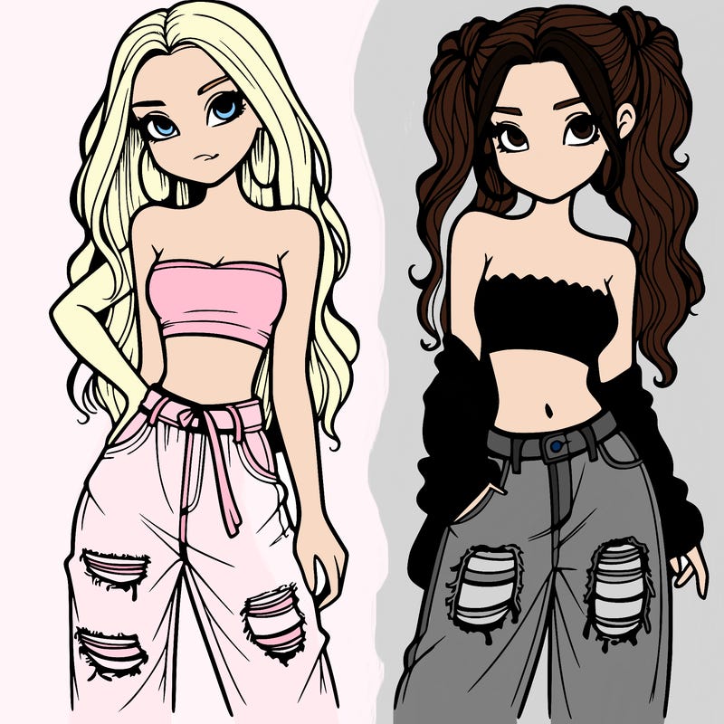 2 girls in crop tops and baggy jeans ripped