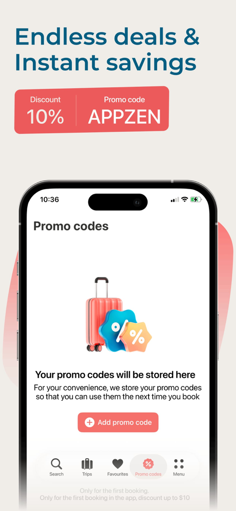 ZenHotels app screen showing a ten percent discount offer and the promo codes section