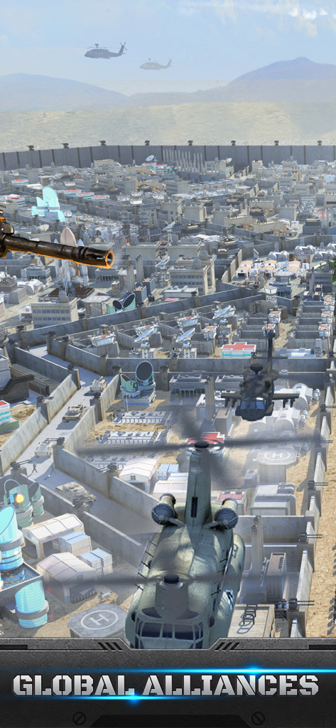 Mobile Strike - Aerial view of a sprawling modern military base in Mobile Strike featuring helicopters and global alliances text