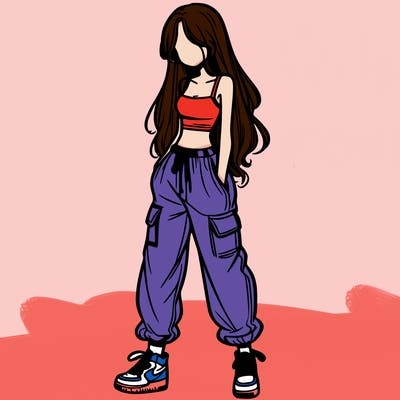 girl in baggy pants crop top and long hair
