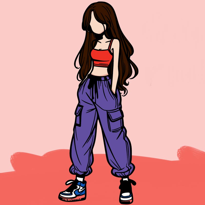 girl in baggy pants crop top and long hair