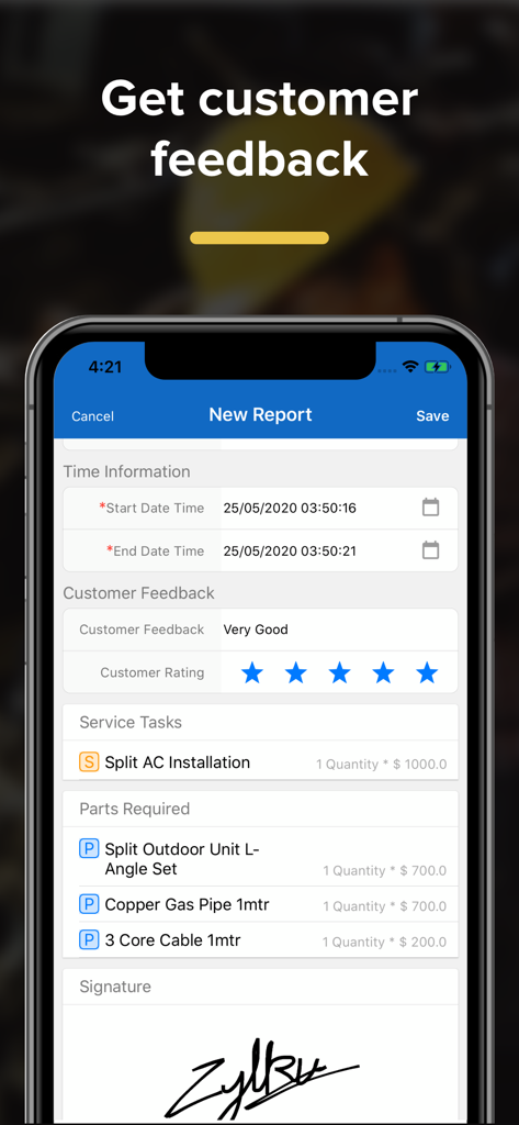 Zoho FSM - Interface móvel Zoho FSM para criar um relatório de serviço incluindo feedback do cliente e assinatura digital