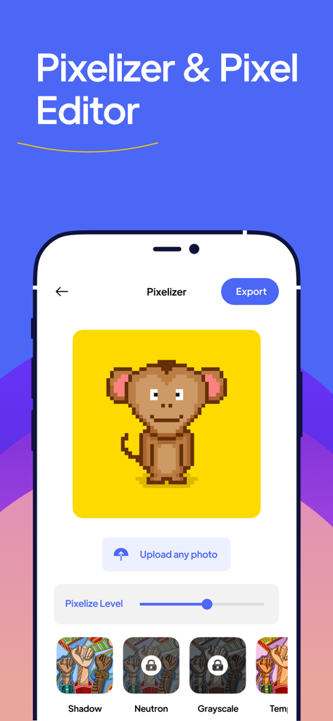 NFT Creator - Art Maker & Mint - Smartphone screen showing the pixelizer and pixel editor interface with a pixel art monkey