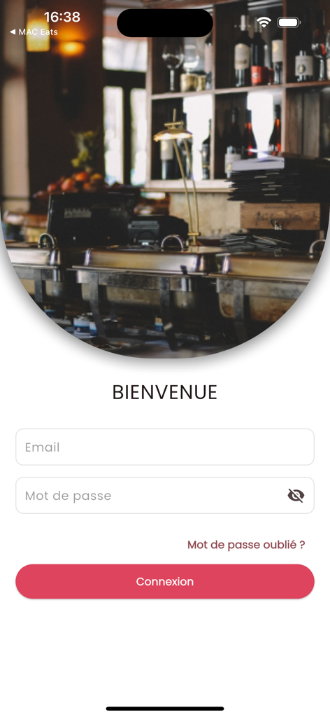 MAC Eats Restaurant - Anmeldebildschirm der MAC Eats Restaurant App mit E-Mail- und Passwortfeldern für Restaurantmanager