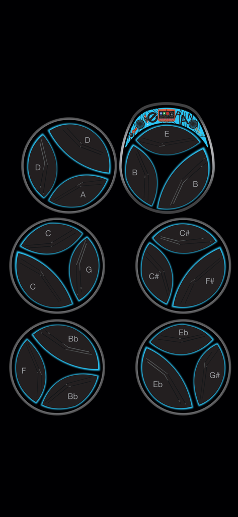 Steelpan App PRO V2 - Digital interface of a six-bass steelpan instrument featuring circular pads with labeled musical notes and blue glowing outlines.