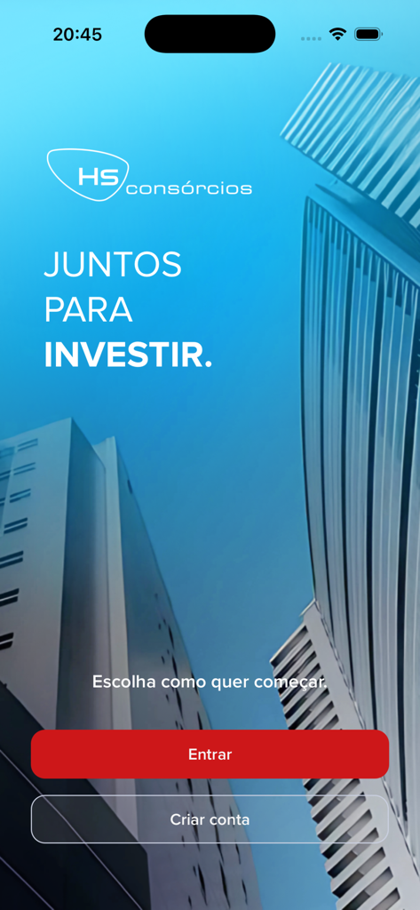 HS Consorcios app welcome screen with the slogan Together to Invest and login buttons