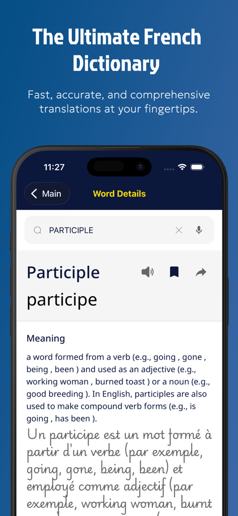 Mobile app interface of French Dictionary Translate plus showing the translation and detailed definition of the word participle