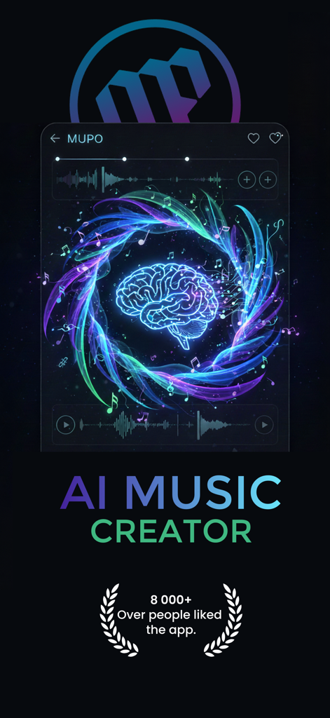 Interfaz de la aplicación Sona AI Music Creator con un cerebro digital brillante y notas musicales