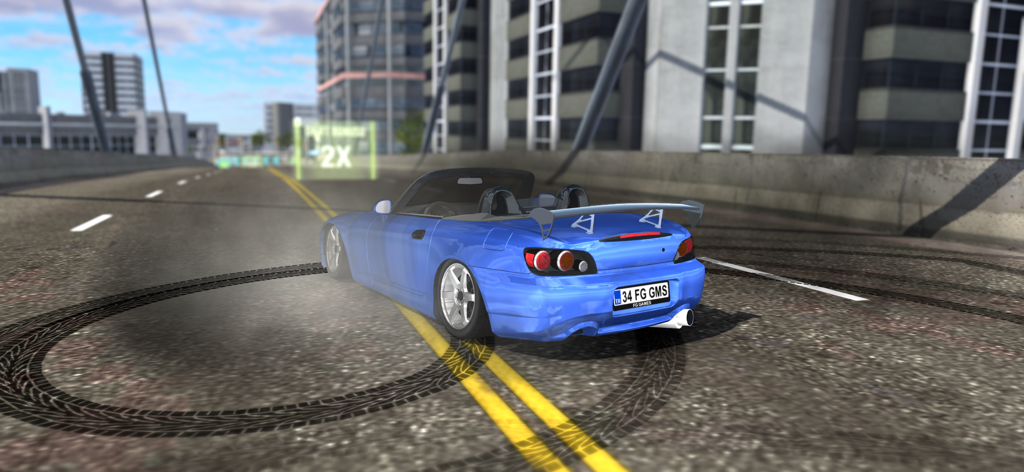 Un coche deportivo modificado azul derrapando en una carretera urbana en Car Parking 3D Multiplayer.
