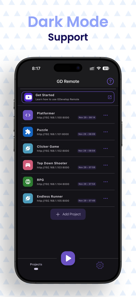 GDev Remote - for GDevelop - Interface of GDev Remote app featuring dark mode support and a list of game development projects