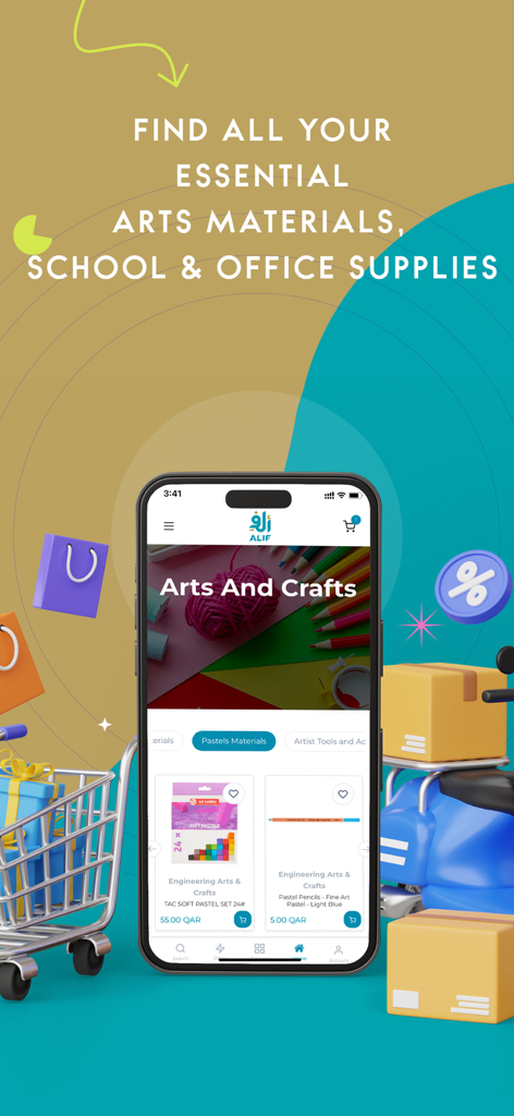 Alifstores - Pantalla móvil mostrando la categoría de Artes y Manualidades en la aplicación Alifstores con lápices de colores y material escolar.