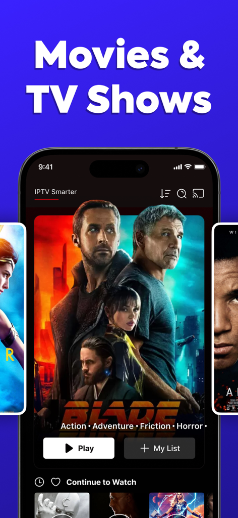 IPTV Smarters app interface displaying a movie and TV show selection screen on an iPhone