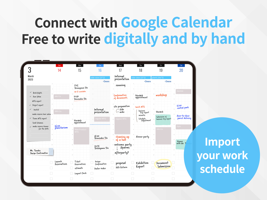 iPad上の週次デジタルプランナービューに、手書きメモと統合されたGoogleカレンダーのイベントが表示されています。