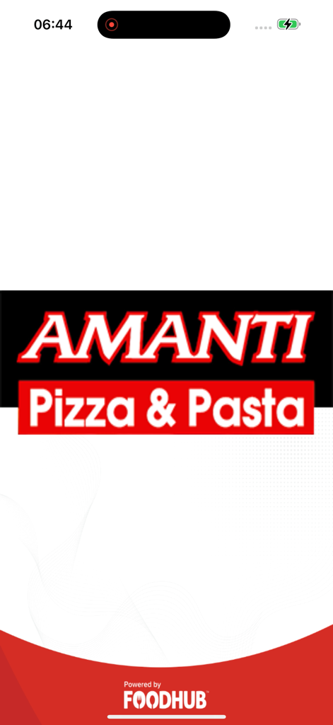 Amanti Pizza and Pasta app splash screen featuring the brand logo and powered by Foodhub