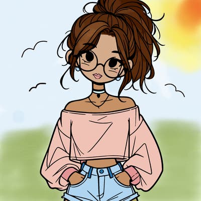 girl with a messy ponytail glasses a baggy crop top and jean shorts
