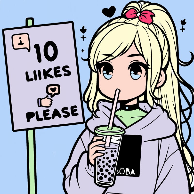 girl with a high ponytail and a hoodie drinking boba staring at a sign saying 10 likes please