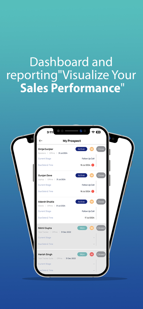 Sales-Tracker - Sales Tracker mobile app interface showing a list of prospects with status and follow-up dates