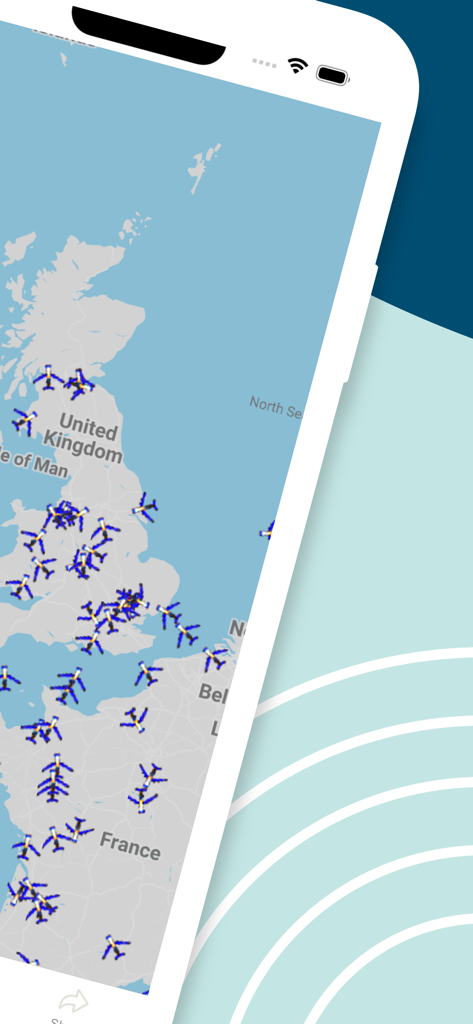 Pantalla de mapa de radar en tiempo real que muestra múltiples posiciones de vuelos de Ryanair sobre el Reino Unido y Francia