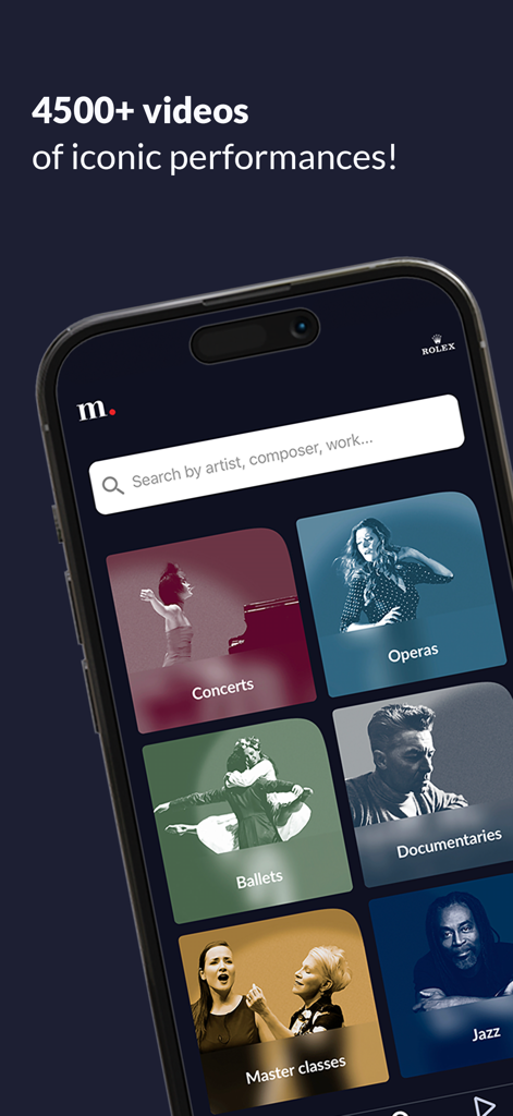 medici.tv: classical music - Medici.tv app interface featuring categories for concerts, operas, ballets, and documentaries.