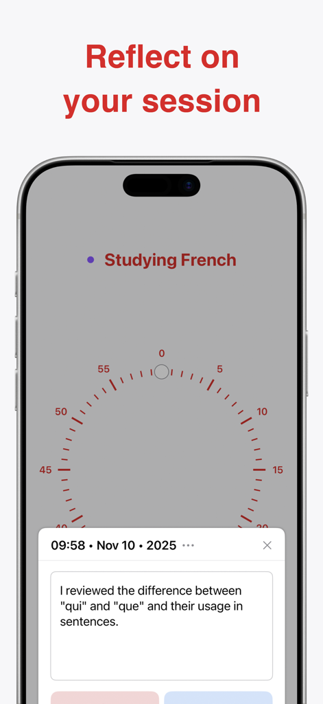 Ultimate Focus - Visual Timer - Screenshot der Ultimate Focus App, der eine Notiz zur Sitzungsreflexion zum Französischlernen zeigt