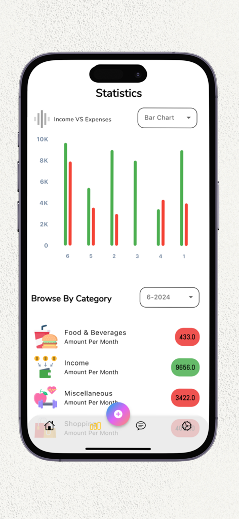 CashBot — Smart Budget - CashBot app statistics screen with income vs expenses bar chart and spending category breakdown