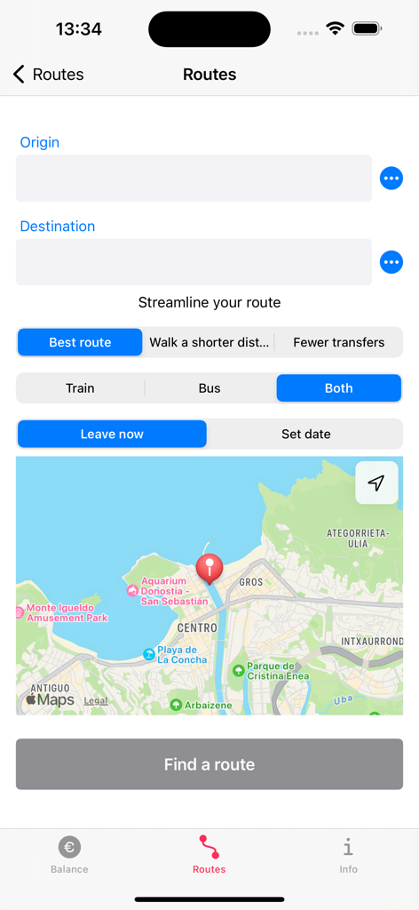 Mugi - ATTG - Mugi app route planning screen with Origin and Destination fields and a map of San Sebastian