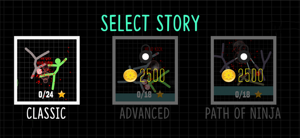 Stickman Warrior: Stick Fight - Menu di selezione storia del gioco Stickman Warrior con modalità classica e ninja