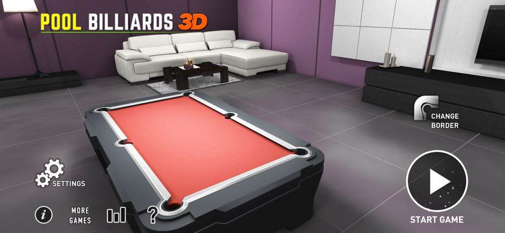 Pool Billiards 3D - Main menu screen of Pool Billiards 3D showing a red pool table in a modern living room.