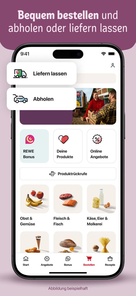 REWE supermarket app interface showing grocery delivery and pickup options with product categories