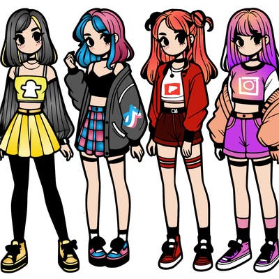 one girl with crop-top shirt and a jacket with a skirt, long socks and another girl with a shirt and pants with a jacket