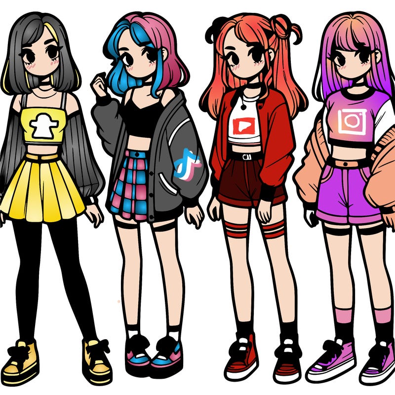 one girl with crop-top shirt and a jacket with a skirt, long socks and another girl with a shirt and pants with a jacket