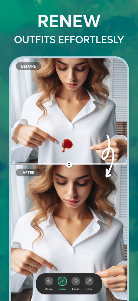 Remove Objects, Photo Eraser - Confronto prima e dopo che mostra la rimozione di una macchia rossa da una camicia bianca utilizzando l'editor di foto