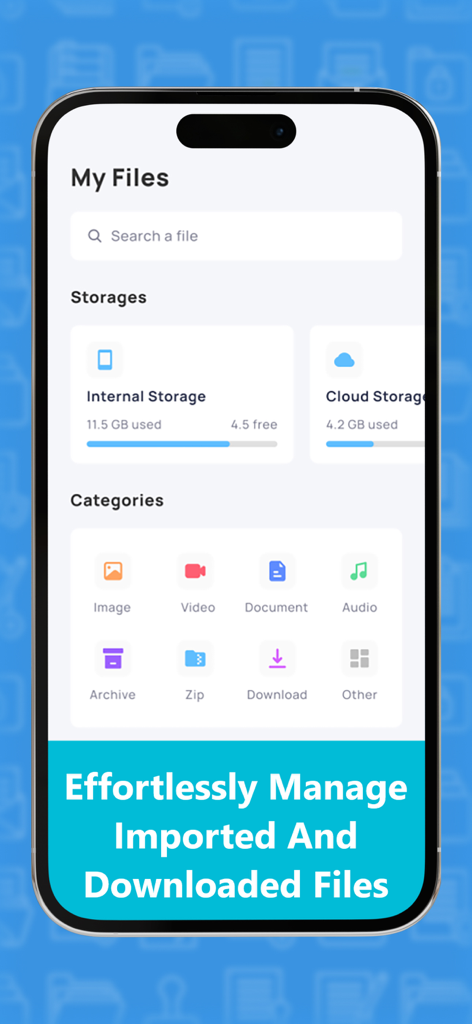 A mobile app interface for file management showing storage levels and file categories like images and videos