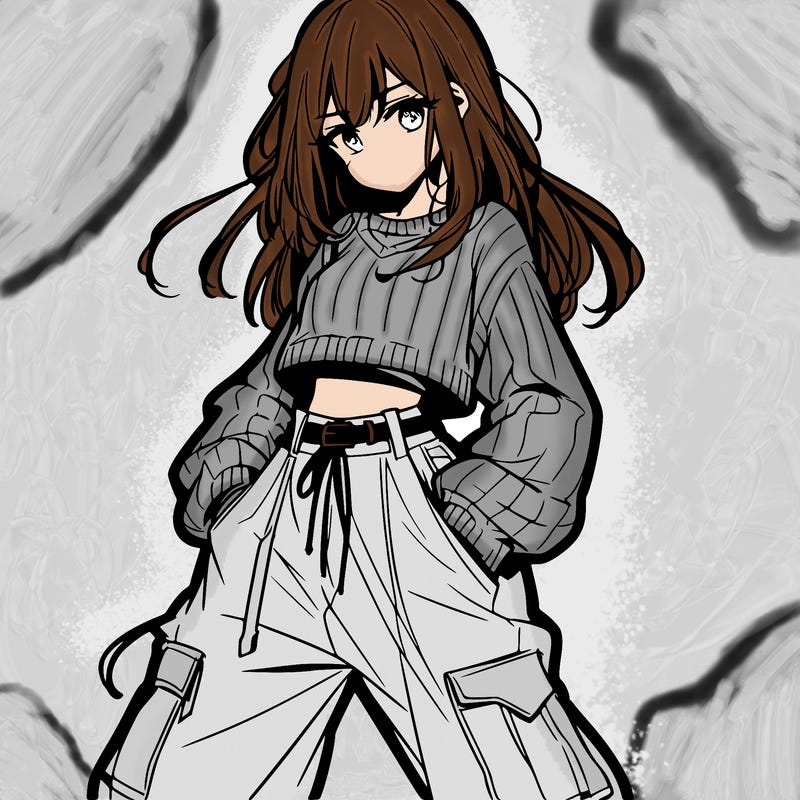 anime teen girl with baggy pants and crop top with sweater