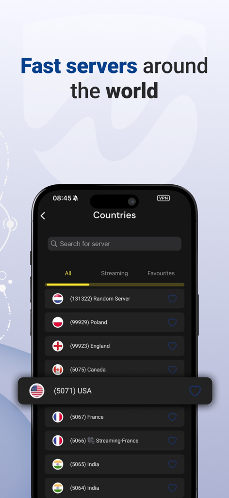 Mena VPN: UAE, KSA, Oman - Pantalla de la app Mena VPN mostrando una lista de servidores globales disponibles, incluyendo EE. UU. y Francia
