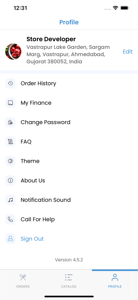 Schermata del profilo dell'app PGO Partner che visualizza le impostazioni dell'account commerciante e le opzioni di gestione aziendale