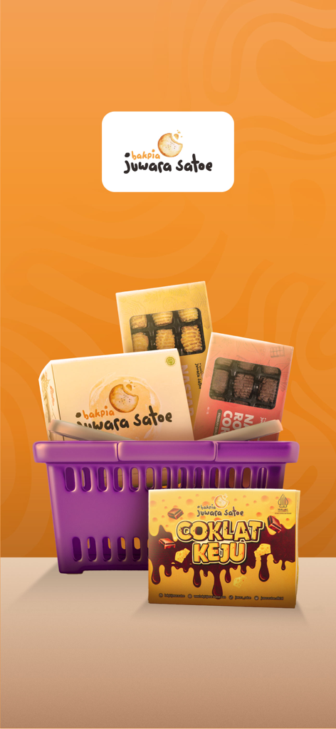 Various boxes of Bakpia Juwara Satoe Indonesian pastries inside a purple shopping basket