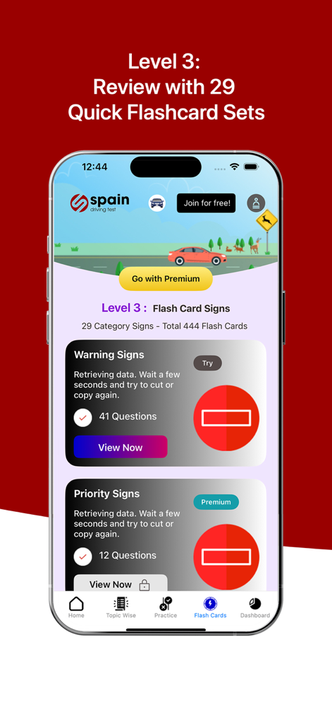 Interface of the Spain Driving Test app displaying flashcard categories for learning Spanish road signs.