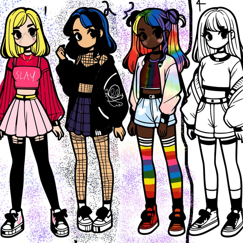 one girl with crop-top shirt and a jacket with a skirt, long socks and another girl with a shirt and pants with a jacket