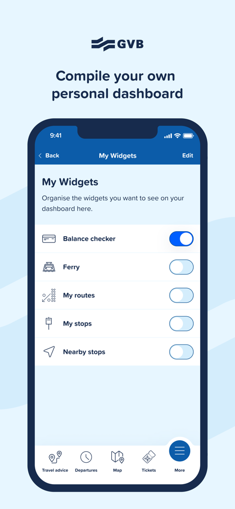 Interfaz de la app de transporte GVB para personalizar un panel personal con widgets de transporte