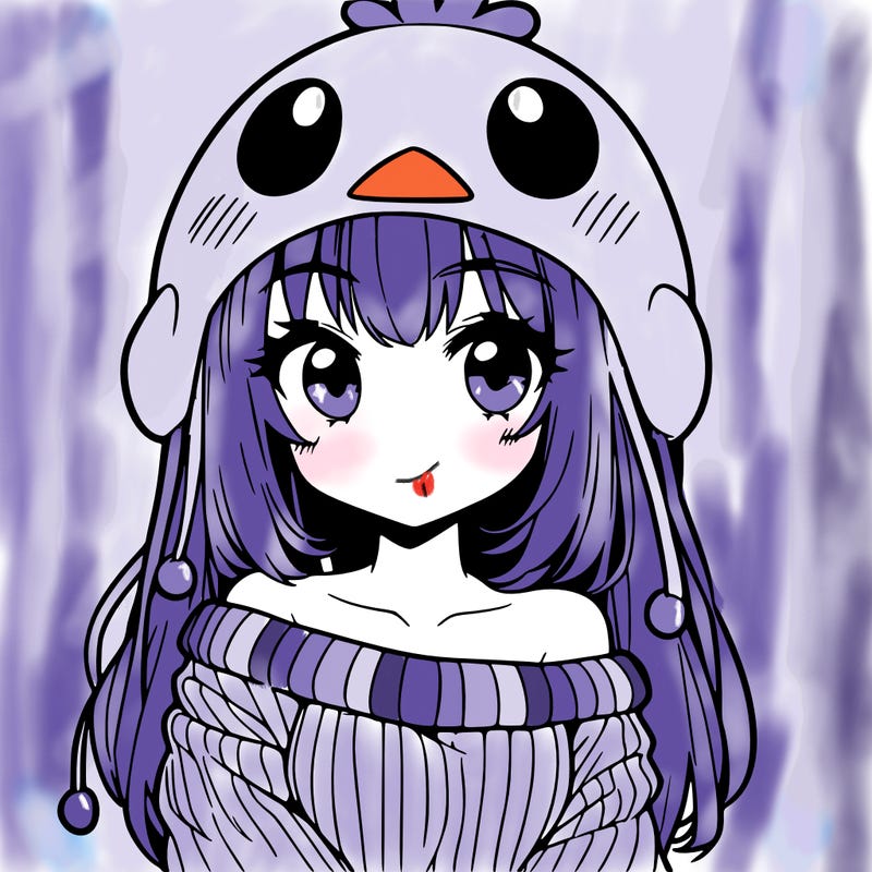 anime girl with chick shaped hat with sweater with bare shoulders with bangs covering them one eye with low tail