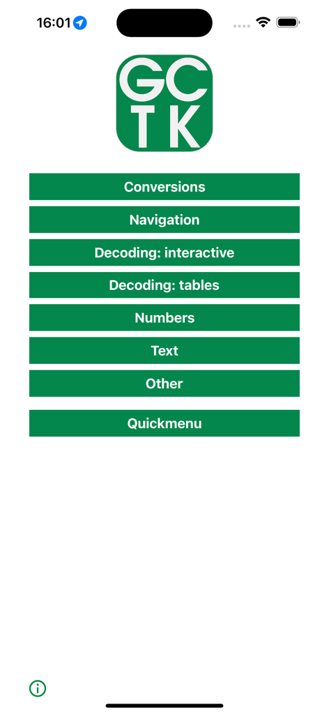 Main menu of the Geocaching GCTK app displaying categories for navigation, decoding, and conversions.
