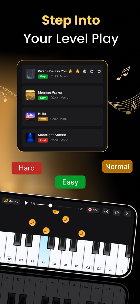 Piano Keyboard: Learn Piano - 簡単な、通常の、難しい難易度レベルとピアノのゲームプレイプレビューを表示する曲選択のモバイルアプリインターフェース