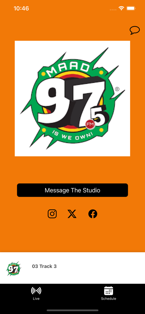MAAD 97.5 FM - MAAD 97 5 FM mobile app home screen with radio logo and message the studio button