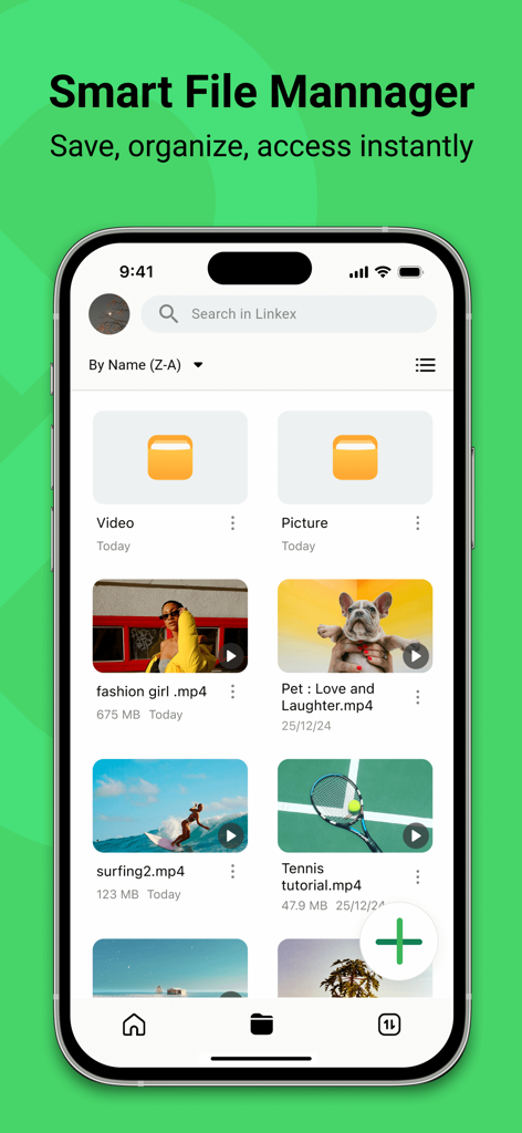 Linkex - Secure Cloud Storage - Linkex app interface showing smart file manager with organized video and picture files