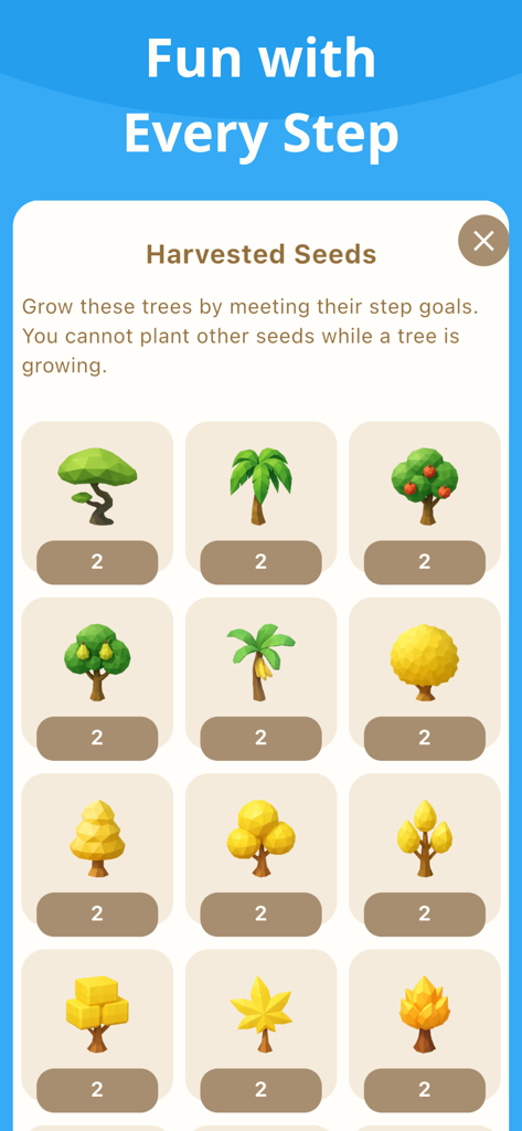 Ein Menü, das verschiedene virtuelle Baumarten anzeigt, die Benutzer durch Erreichen ihrer täglichen Schrittziele wachsen lassen können.